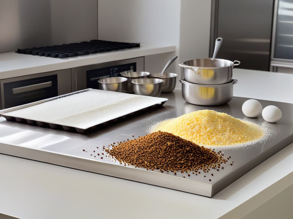  A closeup, ultradetailed photograph of a pristine stainless steel kitchen countertop, showcasing a sleek and organized workspace with precisely aligned rows of various baking tools and ingredients such as measuring cups, spatulas, vanilla pods, and colorful sprinkles. The image captures the essence of meticulous preparation and strict adherence to food safety protocols in a minimalist aesthetic, emphasizing the importance of a clean and wellequipped environment for pastry competitions. hyperrealistic, full body, detailed clothing, highly detailed, cinematic lighting, stunningly beautiful, intricate, sharp focus, f/1. 8, 85mm, (centered image composition), (professionally color graded), ((bright soft diffused light)), volumetric fog, trending on instagram, trending on tumblr, HDR 4K, 8K