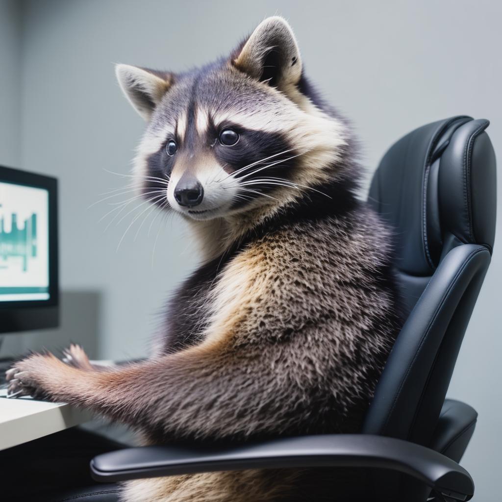  raccoon sitting in gaming chair front a computer on desktop, ((semi anthropomorphic)),(full body), tail, belly, sitting, fat, (chubby), (((white background))), solo, desktop, gaming chair, side view,  [[[clothes]]] hyperrealistic, full body, detailed clothing, highly detailed, cinematic lighting, stunningly beautiful, intricate, sharp focus, f/1. 8, 85mm, (centered image composition), (professionally color graded), ((bright soft diffused light)), volumetric fog, trending on instagram, trending on tumblr, HDR 4K, 8K