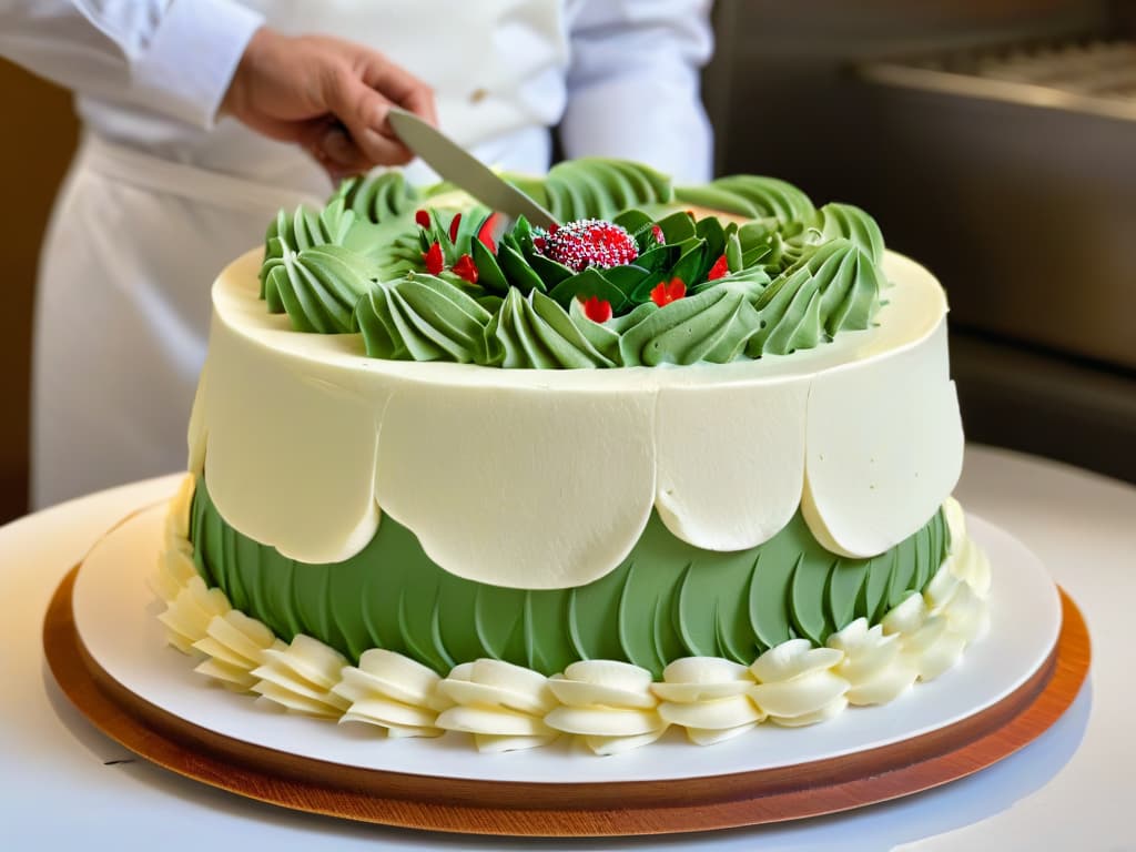  A closeup, ultradetailed image of a pastry chef meticulously decorating a multitiered cake with intricate floral designs using a delicate piping bag. The chef's hands are steady and focused, showcasing precision and artistry in the craft of pastry decoration. The background is softly blurred, emphasizing the chef's skill and attention to detail in creating a stunning confectionary masterpiece. hyperrealistic, full body, detailed clothing, highly detailed, cinematic lighting, stunningly beautiful, intricate, sharp focus, f/1. 8, 85mm, (centered image composition), (professionally color graded), ((bright soft diffused light)), volumetric fog, trending on instagram, trending on tumblr, HDR 4K, 8K