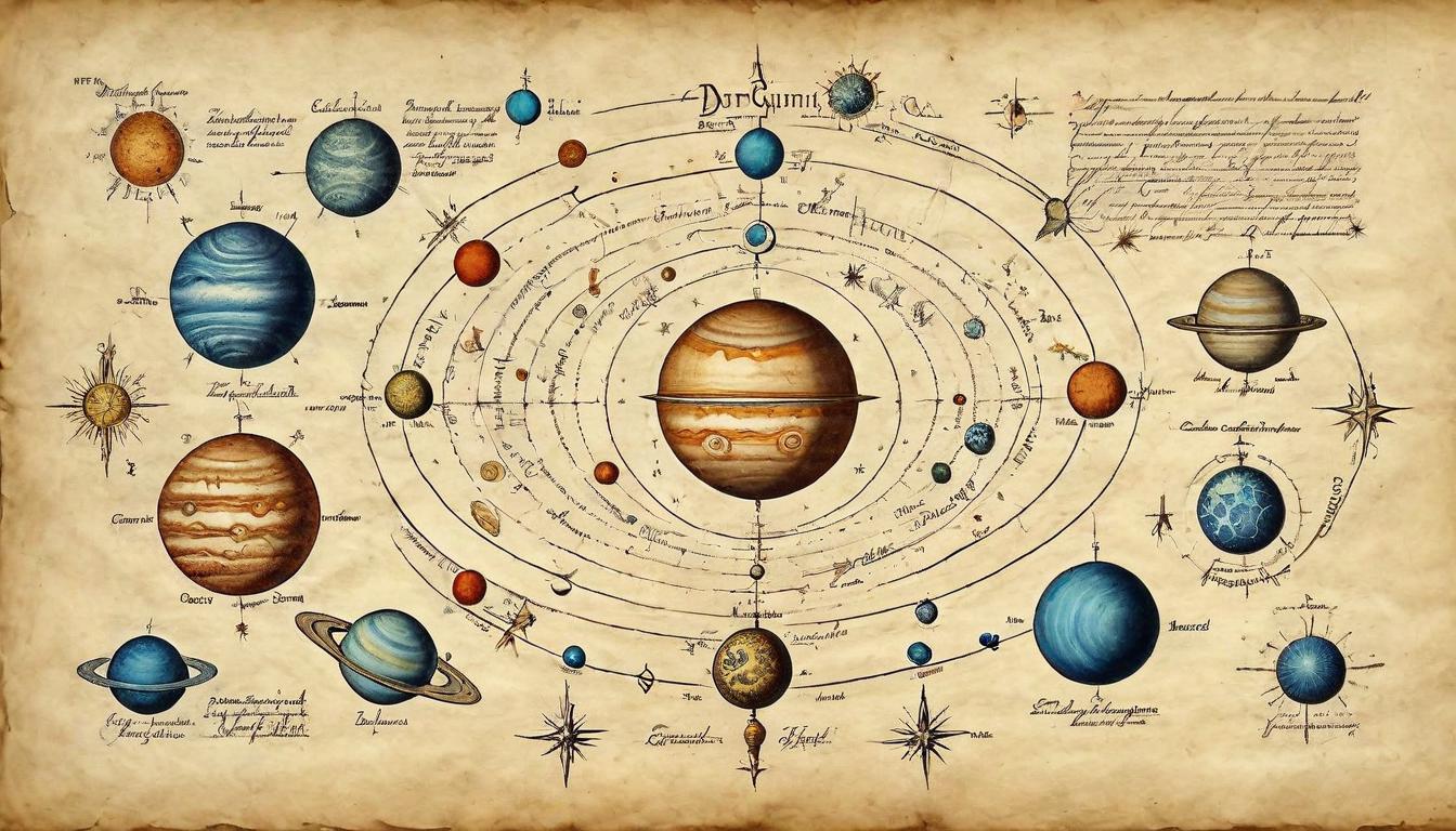  on parchment, surrealism+++, A celestial alignment of planets and stars, each emitting a faint glow, interconnected with a luminous web, symbolizing evolution and alignment, mystical, cosmic, harmonious(mysterious, provocative, symbolic,muted color)+++