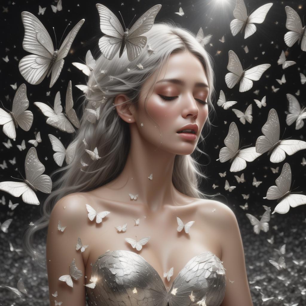  photo RAW, ( ultrarealistic, hyperrealistice, hyperdetailed:The (adult :1.7),shattered into thousands of silver butterflies, scattering into a breeze of silver twinkling stars. While it wasn’t the time for it, after Maria and Carlos had backed a couple of steps away, they couldn’t help but sigh in awe. This sight truly was as beautiful as a fantastic dream), masterpiece, award winning photography, natural light, perfect composition, high detail, hyper realistic, add depth, water background, (real humans:1.5),(highly detailed beautiful eyes)