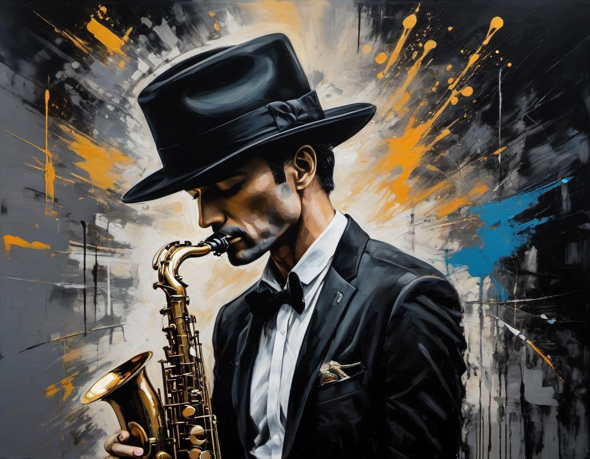  abstract expressionist painting An exquisite depiction of woman in a black hat playing the saxophone, with Louis Jover and Drew Darcy inspired style. The artwork is highly detailed, elegant, and intricate, featuring dynamic lighting and imperial colors. It is a stunning piece with a surreal and ultra realistic touch, created using oil on canvas with a focus on sharp details . energetic brushwork, bold colors, abstract forms, expressive, emotional hyperrealistic, full body, detailed clothing, highly detailed, cinematic lighting, stunningly beautiful, intricate, sharp focus, f/1. 8, 85mm, (centered image composition), (professionally color graded), ((bright soft diffused light)), volumetric fog, trending on instagram, trending on tumblr, HDR 4K, 8K