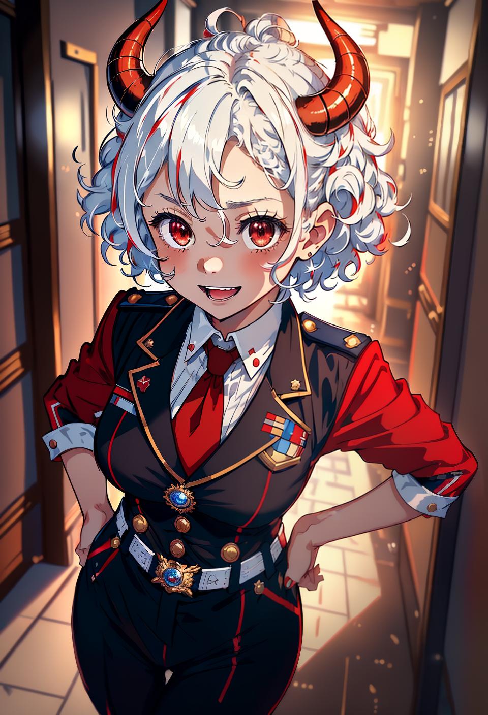  ((trending, highres, masterpiece, cinematic shot)), 1girl, chibi, female police uniform, palace scene, short curly white hair, side locks hairstyle, narrow red eyes, energetic personality, happy expression, horns, red skin, epic, toned