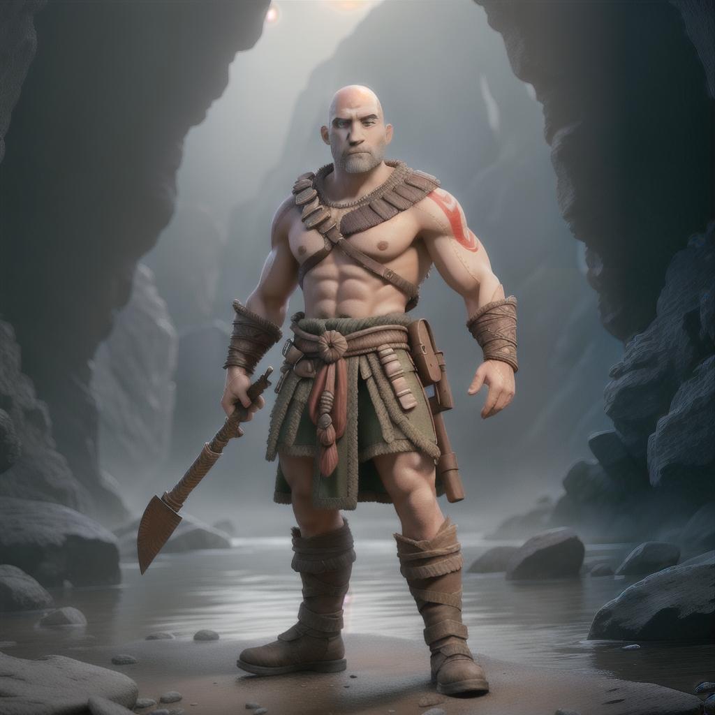  God of war hyperrealistic, full body, detailed clothing, highly detailed, cinematic lighting, stunningly beautiful, intricate, sharp focus, f/1. 8, 85mm, (centered image composition), (professionally color graded), ((bright soft diffused light)), volumetric fog, trending on instagram, trending on tumblr, HDR 4K, 8K