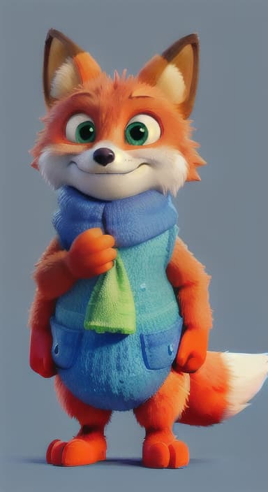  {Error the fox pressing the blue button with his paw, looking puzzled as nothing occurs., Error is a small, bright orange fox with a fluffy tail and big, inquisitive eyes. He has a mischievous yet kind expression and wears a tiny green scarf.