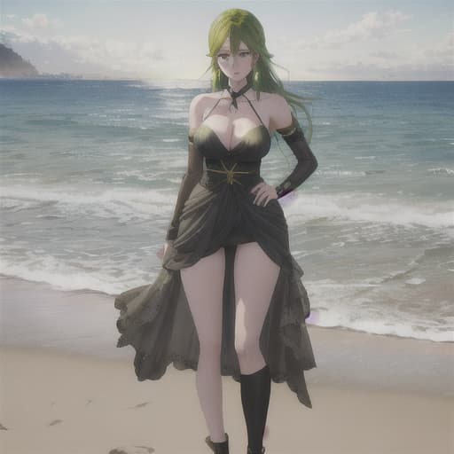  green eyed anime girl on the beach hyperrealistic, full body, detailed clothing, highly detailed, cinematic lighting, stunningly beautiful, intricate, sharp focus, f/1. 8, 85mm, (centered image composition), (professionally color graded), ((bright soft diffused light)), volumetric fog, trending on instagram, trending on tumblr, HDR 4K, 8K