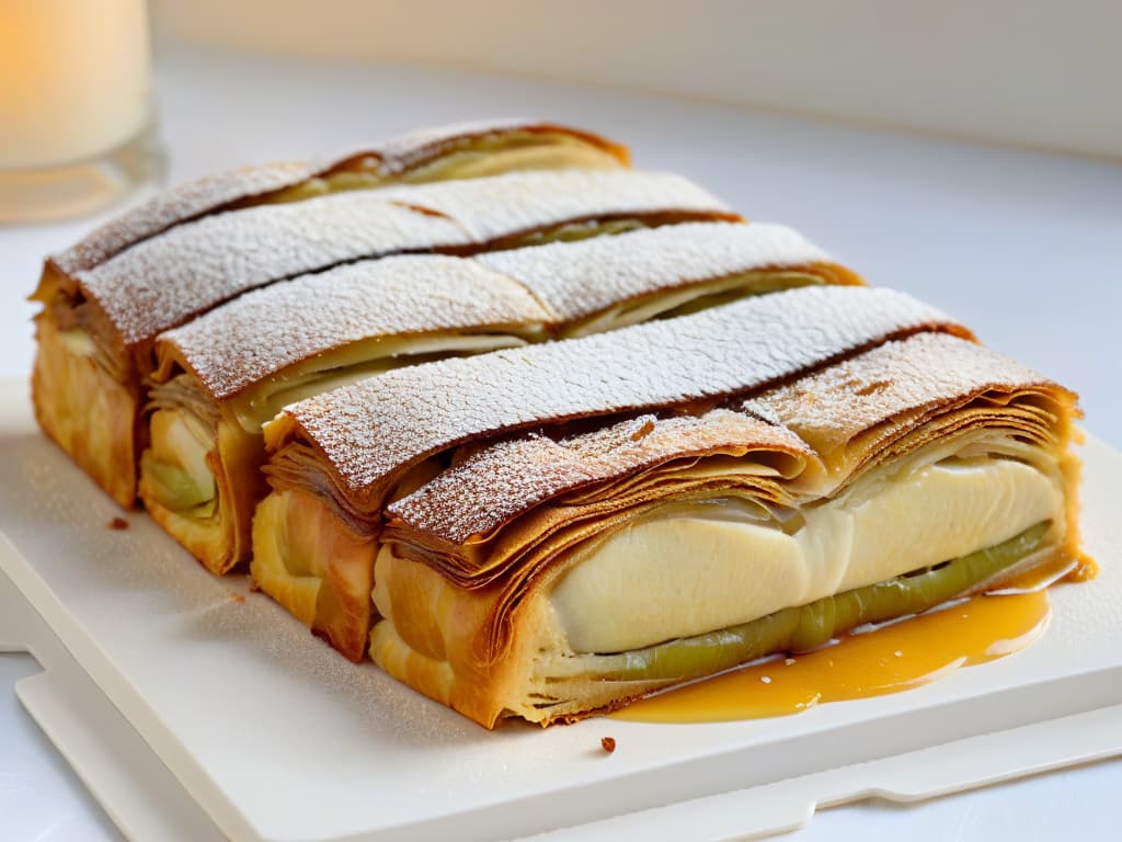  An ultradetailed image of a goldenbrown, flaky apple strudel fresh out of the oven, with steam gently rising from the crispy layers. The strudel is artfully sliced, showcasing the warm, cinnamonspiced apple filling peeking through the delicate pastry layers. The background is a simple, clean white surface that highlights the textures and colors of the strudel, evoking a sense of warmth and homely comfort. hyperrealistic, full body, detailed clothing, highly detailed, cinematic lighting, stunningly beautiful, intricate, sharp focus, f/1. 8, 85mm, (centered image composition), (professionally color graded), ((bright soft diffused light)), volumetric fog, trending on instagram, trending on tumblr, HDR 4K, 8K