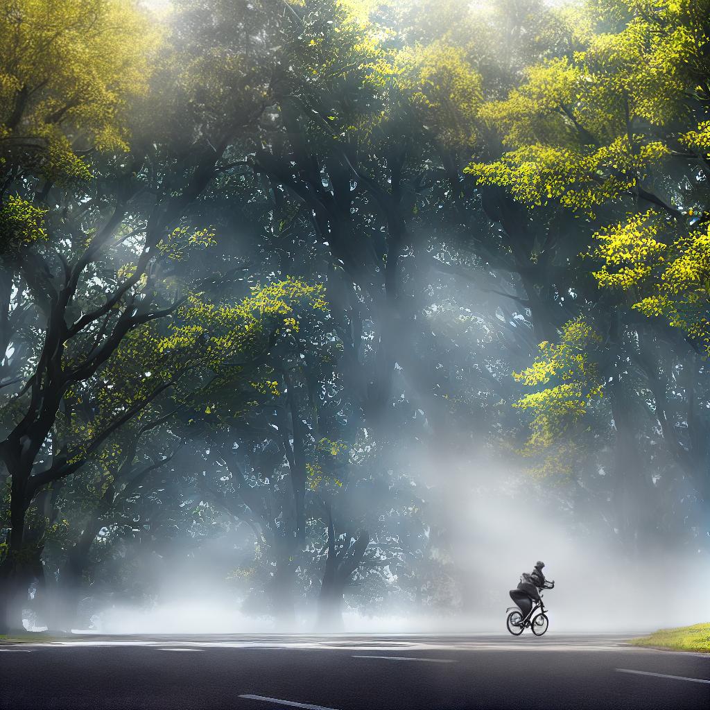  ((masterpiece)),(((best quality))), 8k, high detailed, ultra-detailed. A scene of a person riding a bicycle forward. The main elements of the scene include a person ((riding a bicycle)), motion blur, (trees lining the road), (a clear blue sky), and (a winding road). hyperrealistic, full body, detailed clothing, highly detailed, cinematic lighting, stunningly beautiful, intricate, sharp focus, f/1. 8, 85mm, (centered image composition), (professionally color graded), ((bright soft diffused light)), volumetric fog, trending on instagram, trending on tumblr, HDR 4K, 8K