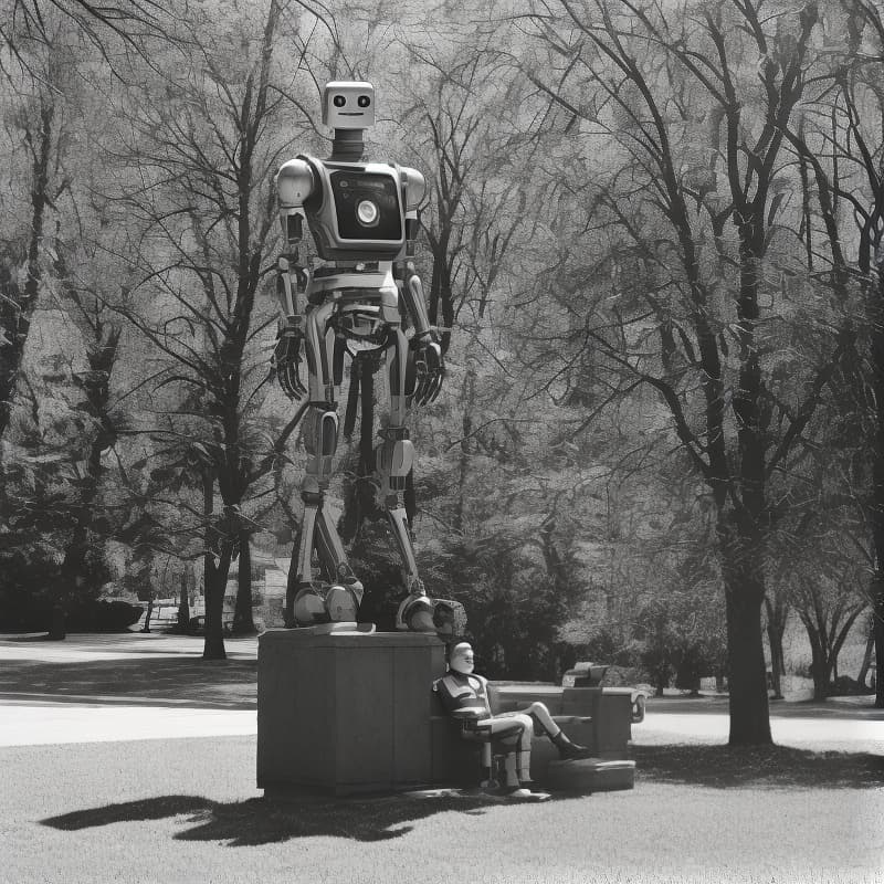 analog style a robot sitting in a park.