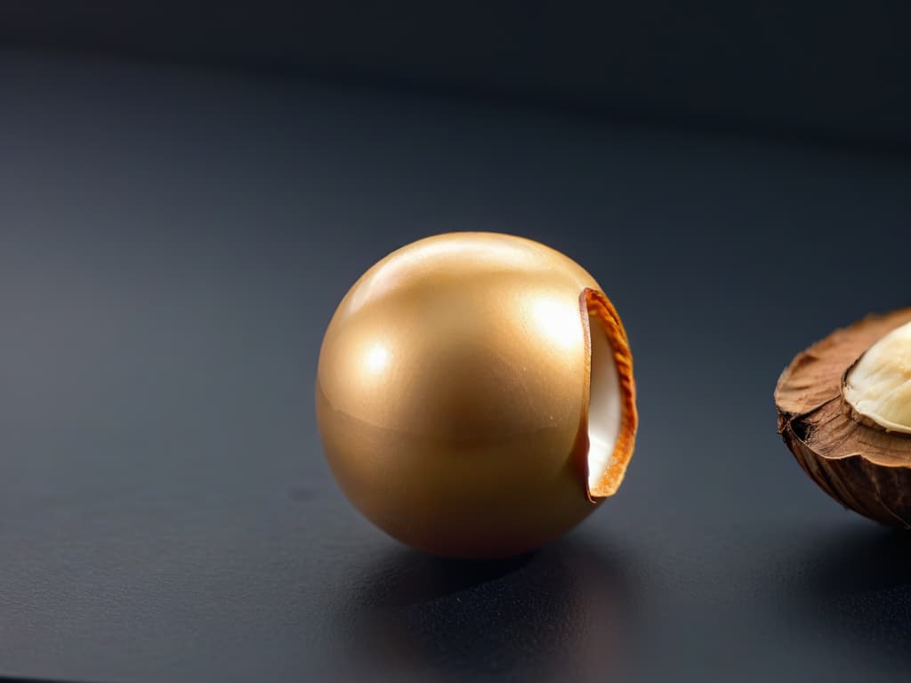  An ultradetailed closeup image of a perfectly goldenbrown macadamia nut resting on a sleek, matte black surface. The lighting is soft but highlights the intricate texture of the nut's shell, showcasing every tiny ridge and crevice. The background is subtly blurred, drawing all attention to the elegant simplicity and natural beauty of the macadamia nut. hyperrealistic, full body, detailed clothing, highly detailed, cinematic lighting, stunningly beautiful, intricate, sharp focus, f/1. 8, 85mm, (centered image composition), (professionally color graded), ((bright soft diffused light)), volumetric fog, trending on instagram, trending on tumblr, HDR 4K, 8K