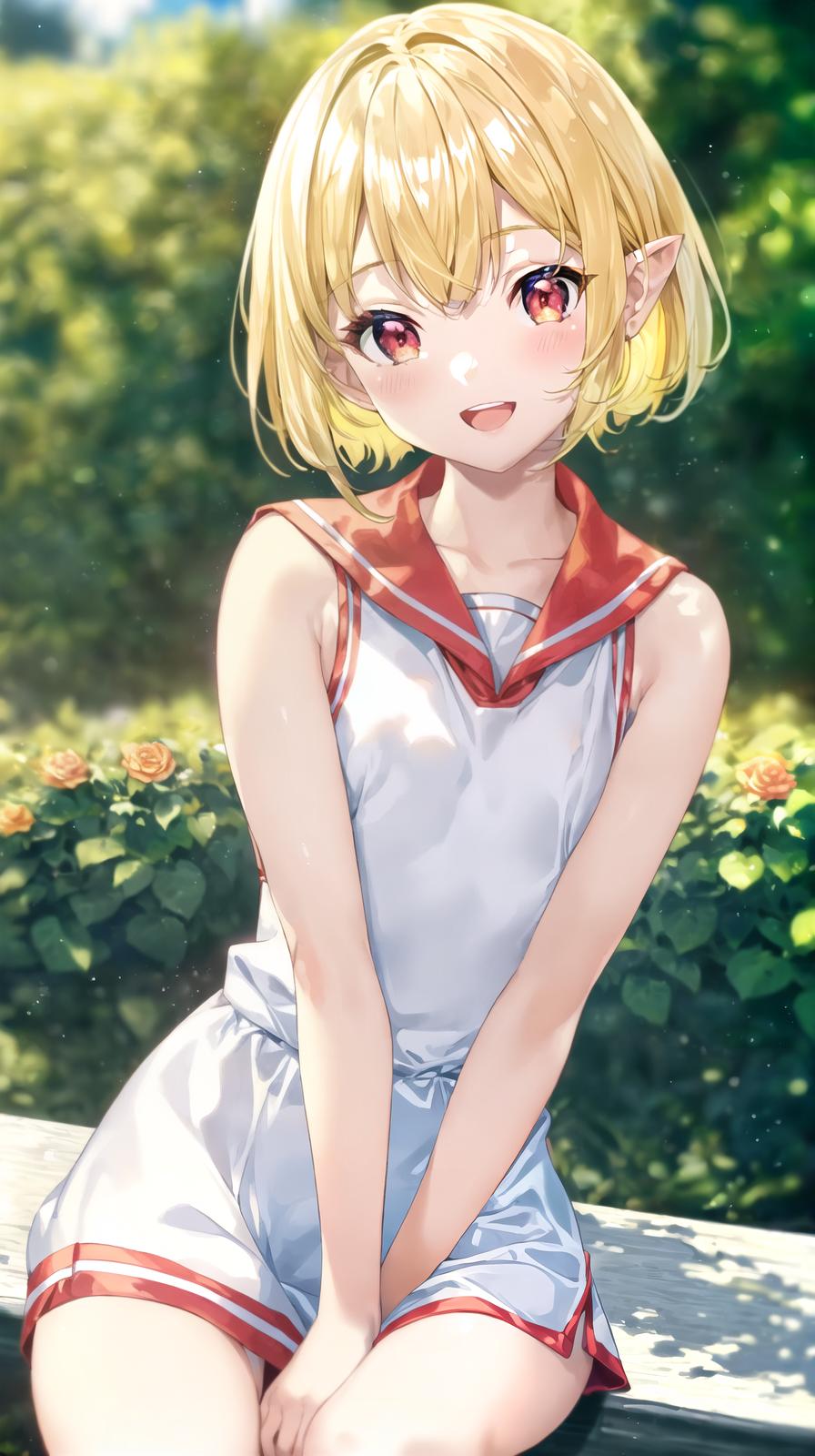  master piece , best quality,Very cute , (she is ), light yellow hair, short cut, bangs too close to eyes, shiny red eyes, (normal human ears), thin arms, beautiful body, thin legs, flat , clear white skin, fun smile, open mouth, (sleeveless sailor dress, super mini ). (rose garden), playing innocently, Ultra HD, DSLR, lots of colorful roses in background, upper body shot, sitting in gym, sitting on , running,