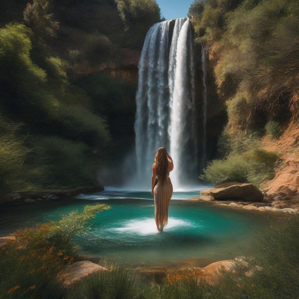  A girl with pretty long hair stands under the waterfall. The waterfall consists of clear water, rosemary, orange, tea leaves, aloe vera, and Provence herbs. The waterfall falls onto the girl's hair. hyperrealistic, full body, detailed clothing, highly detailed, cinematic lighting, stunningly beautiful, intricate, sharp focus, f/1. 8, 85mm, (centered image composition), (professionally color graded), ((bright soft diffused light)), volumetric fog, trending on instagram, trending on tumblr, HDR 4K, 8K