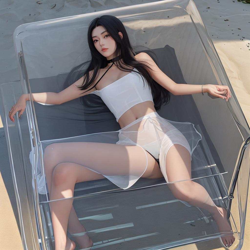  Masterpiece, best quality, black-haired slim twenty in transparent lying on a beach couch