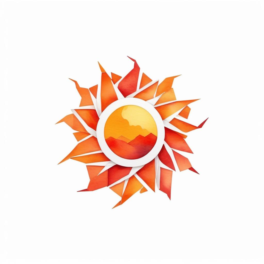  (origami style), watercolor style, logo of the sun, orange and red colors, white background