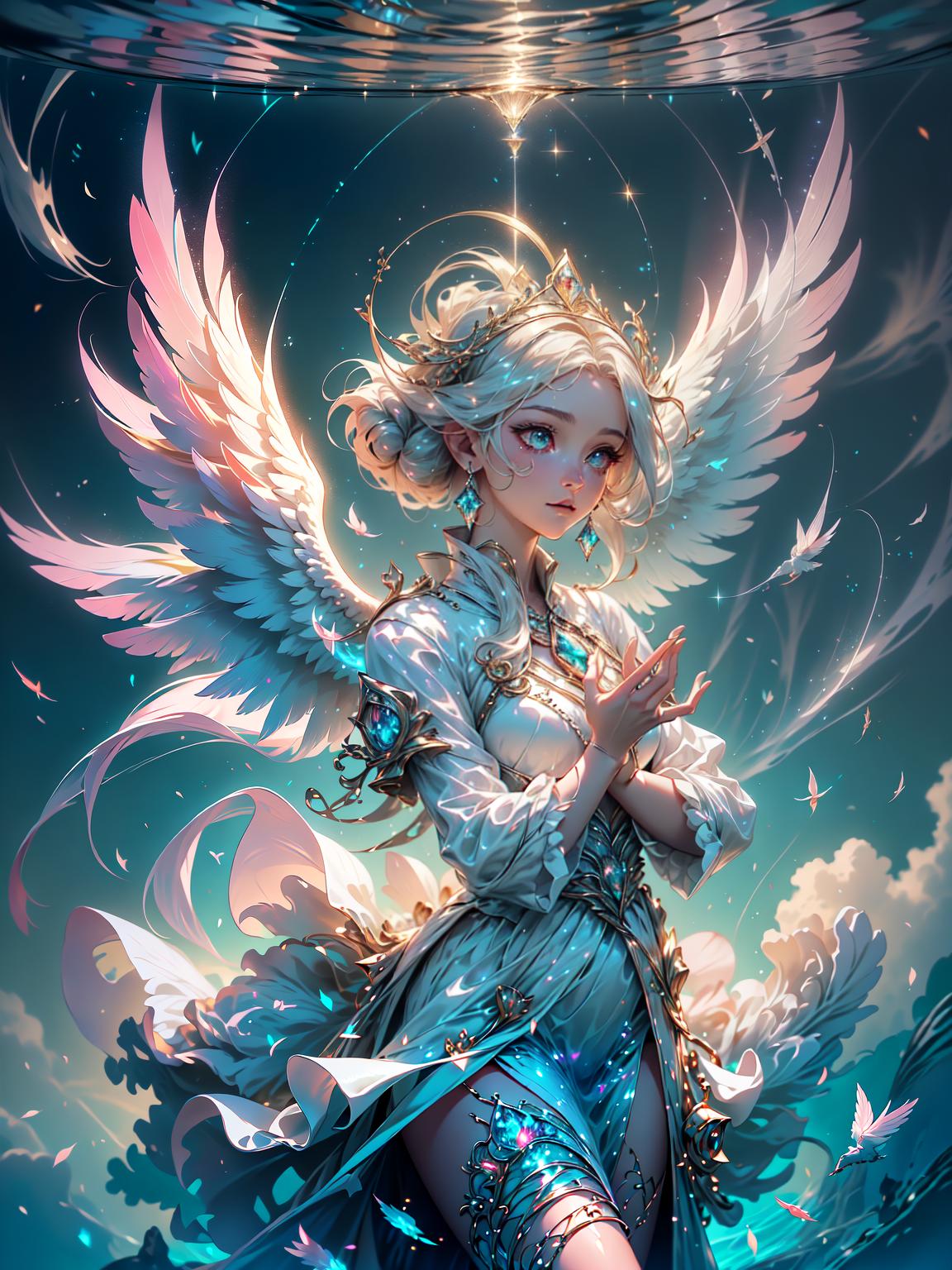  master piece, best quality, ultra detailed, highres, 4k.8k, Angel., Posing, Radiating light, Holding a holy symbol, Standing gracefully., Serene and peaceful., BREAK A beautiful angel emitting divine light., Heavenly realm., Holy symbol, Clouds, Shining halo, Feathered wings., BREAK Ethereal and tranquil., Radiant glow, Soft ethereal lighting, Feathery light effects, Heavenly aura., crystallineAI,fantasy00d