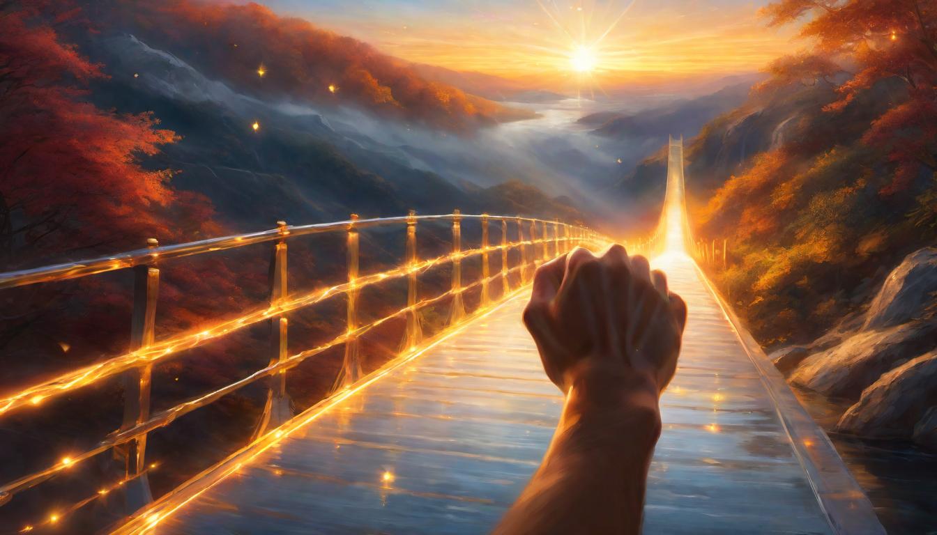  digital painting of A bridge made of light spanning between a human hand and a paw, meeting in the middle, glowing warmth, transference of compassion, radiating kindness, boundless connectivity, ethereal glow, a metaphor for boundless compassion, transcendent connection looking at viewer, dynamic pose, (intricate details, masterpiece, best quality)