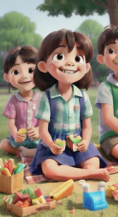  {Kids sitting around a picnic blanket, enjoying juice boxes and snacks., Children happily eating snacks, with crumbs on their faces and big smiles.