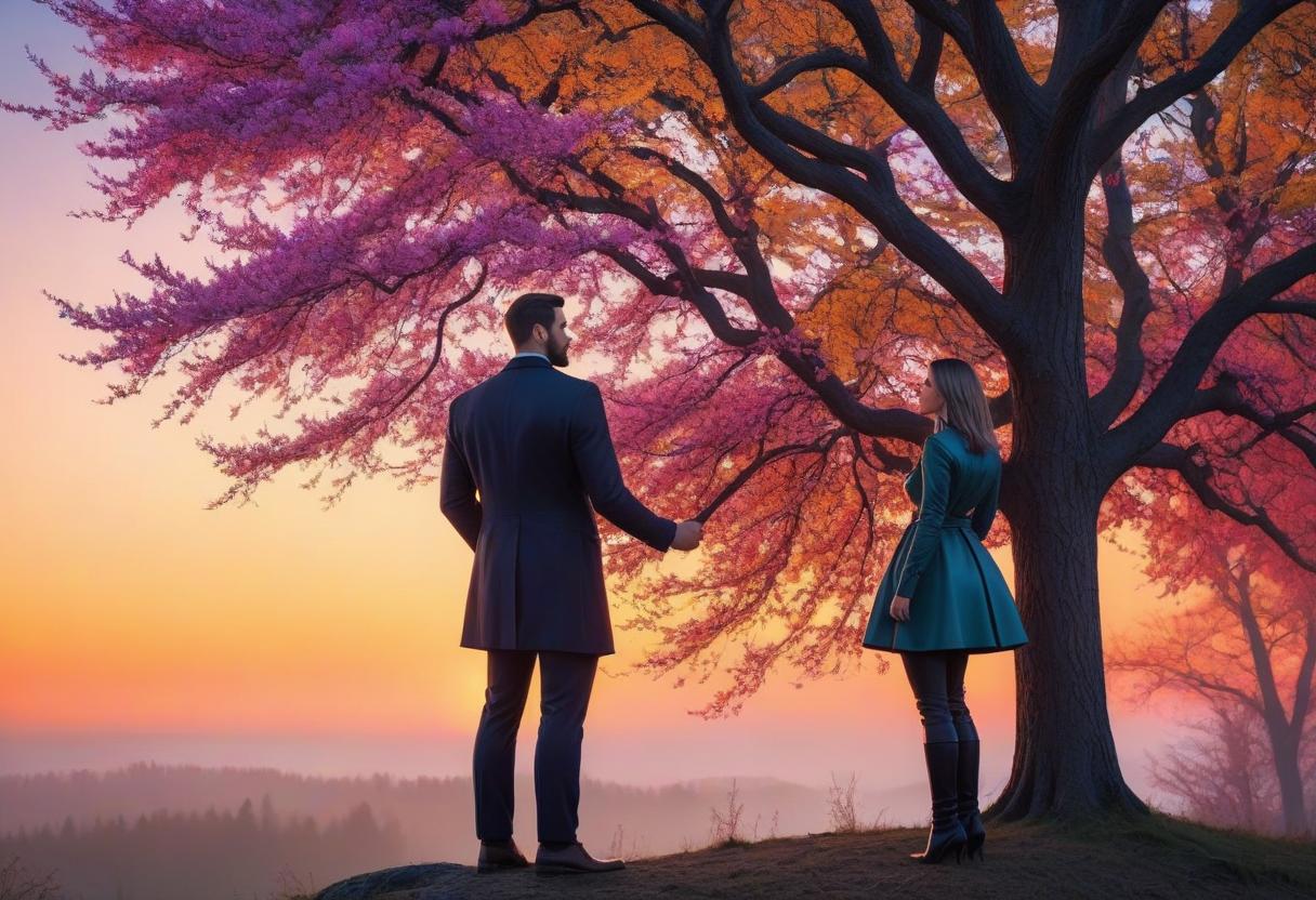  A man and a girl against the backdrop of a bright sunset and a brightly colored tree. hyperrealistic, full body, detailed clothing, highly detailed, cinematic lighting, stunningly beautiful, intricate, sharp focus, f/1. 8, 85mm, (centered image composition), (professionally color graded), ((bright soft diffused light)), volumetric fog, trending on instagram, trending on tumblr, HDR 4K, 8K