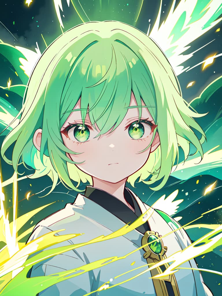  Green hair character 弍 type flame lightning, masterpiece, best quality,8k,ultra detailed,high resolution,an extremely delicate and beautiful,hyper detail