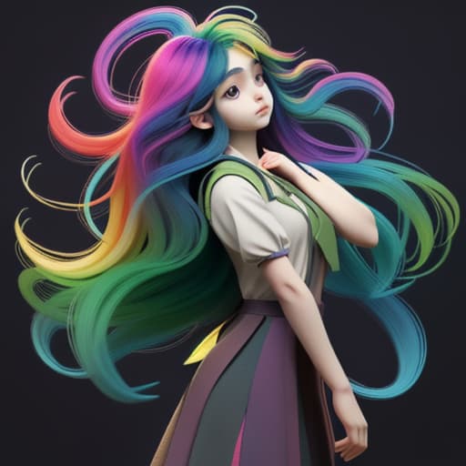  A circle where a girl has hair in rainbow color with different color of leaves and straight posture