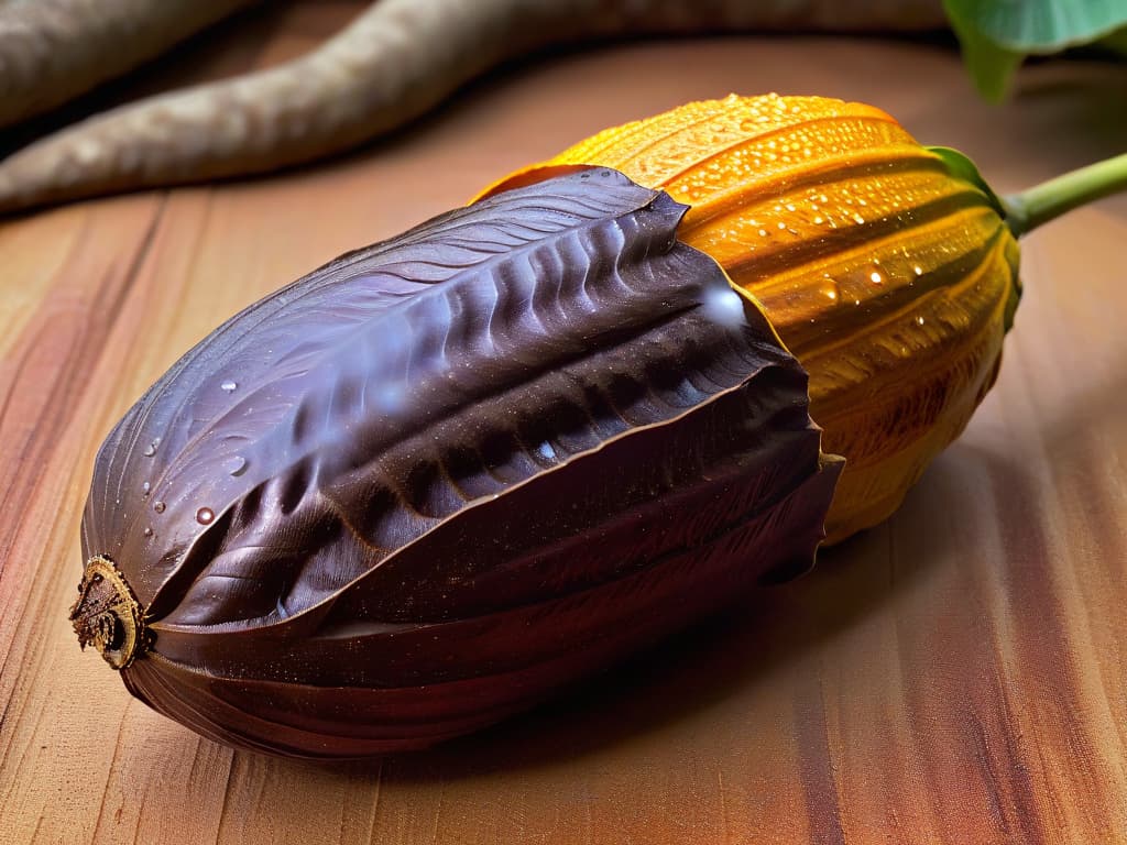  A closeup, ultradetailed image of a cacao pod freshly harvested, showcasing the vibrant colors and intricate textures of the pod's surface. The image captures the natural beauty and complexity of the cacao fruit, with dew drops glistening on its smooth exterior, highlighting the organic and unprocessed nature of cacao, perfect for evoking a sense of purity and authenticity in the article. hyperrealistic, full body, detailed clothing, highly detailed, cinematic lighting, stunningly beautiful, intricate, sharp focus, f/1. 8, 85mm, (centered image composition), (professionally color graded), ((bright soft diffused light)), volumetric fog, trending on instagram, trending on tumblr, HDR 4K, 8K