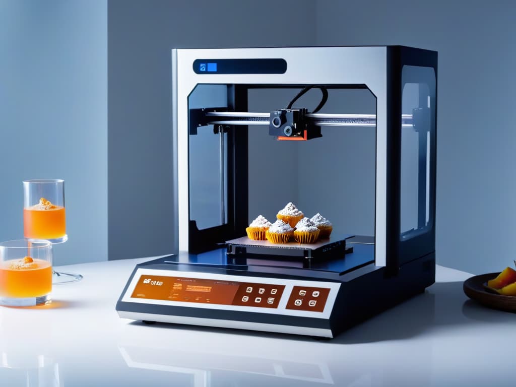  A sleek, minimalistic image showcasing a futuristic 3D printer crafting a delicate and intricate dessert, with artificial intelligence algorithms displayed on a digital screen in the background, symbolizing the fusion of technology and culinary art in the realm of 3D dessert printing. hyperrealistic, full body, detailed clothing, highly detailed, cinematic lighting, stunningly beautiful, intricate, sharp focus, f/1. 8, 85mm, (centered image composition), (professionally color graded), ((bright soft diffused light)), volumetric fog, trending on instagram, trending on tumblr, HDR 4K, 8K