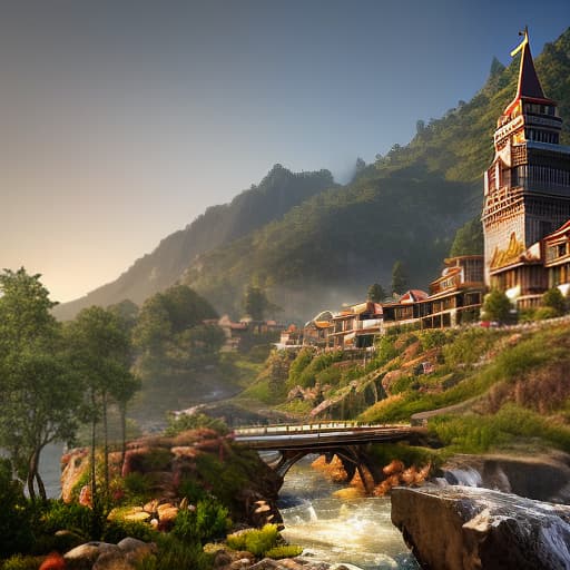 dvarchmodern 3D model of a gaming location with rivers and mountains hyperrealistic, full body, detailed clothing, highly detailed, cinematic lighting, stunningly beautiful, intricate, sharp focus, f/1. 8, 85mm, (centered image composition), (professionally color graded), ((bright soft diffused light)), volumetric fog, trending on instagram, trending on tumblr, HDR 4K, 8K