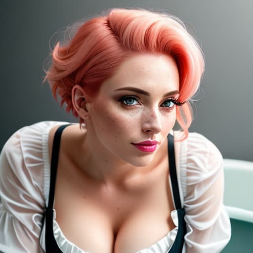 a closeup portrait of a playful maid, undercut hair, apron, amazing body, pronounced feminine feature, busty, bathtub, [ash blonde | ginger | pink hair], freckles, flirting with camera hyperrealistic, full body, detailed clothing, highly detailed, cinematic lighting, stunningly beautiful, intricate, sharp focus, f/1. 8, 85mm, (centered image composition), (professionally color graded), ((bright soft diffused light)), volumetric fog, trending on instagram, trending on tumblr, HDR 4K, 8K