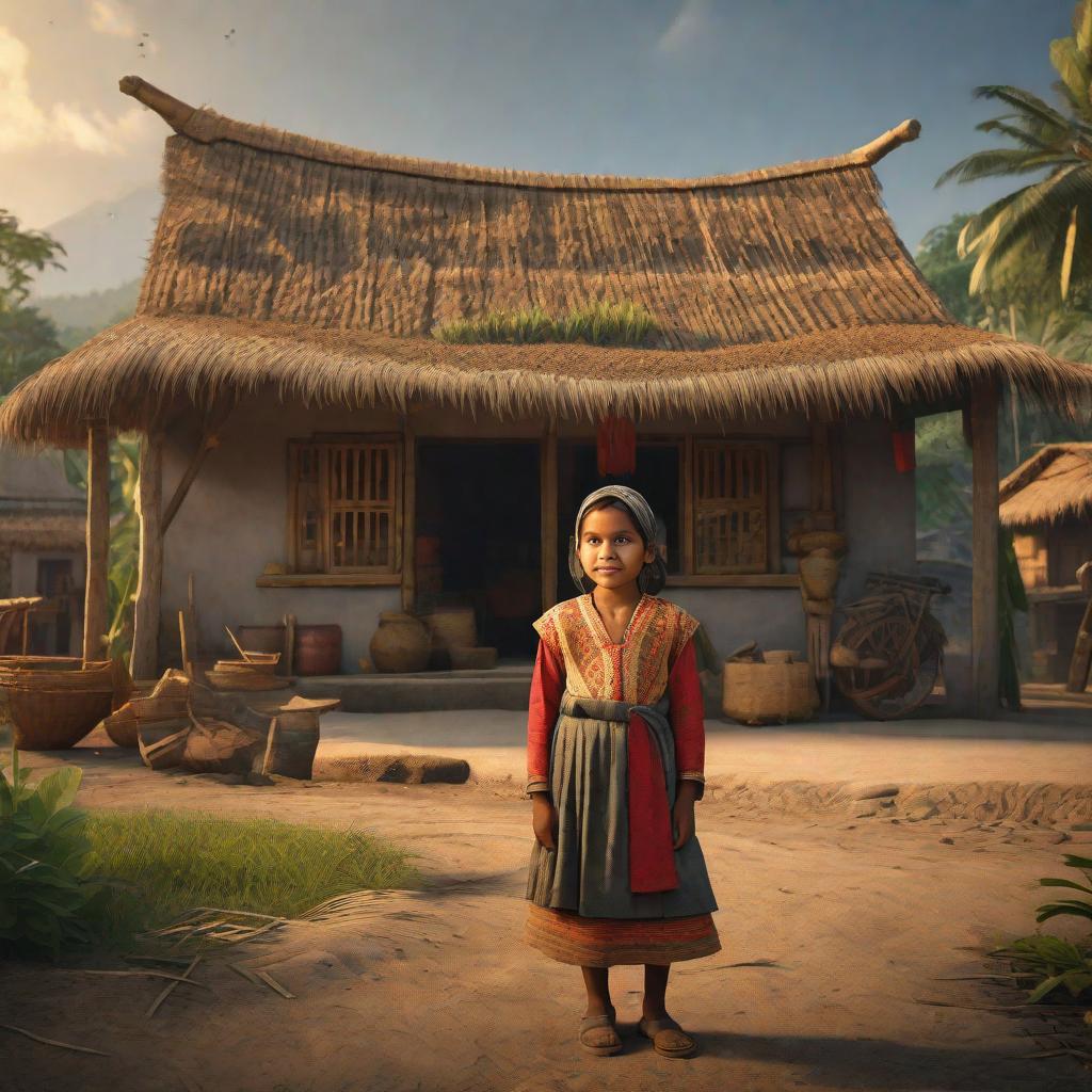  masterpiece, best quality, Best quality, masterpiece, 8k resolution, realistic, highly detailed, close up of javanese vilage girl. In a old-style evening scene of the village, he stands in front a small house. The sun lights are bright, The surrounding villages are filled with people and childrens and there is many of animals like horses, chickens and cows.