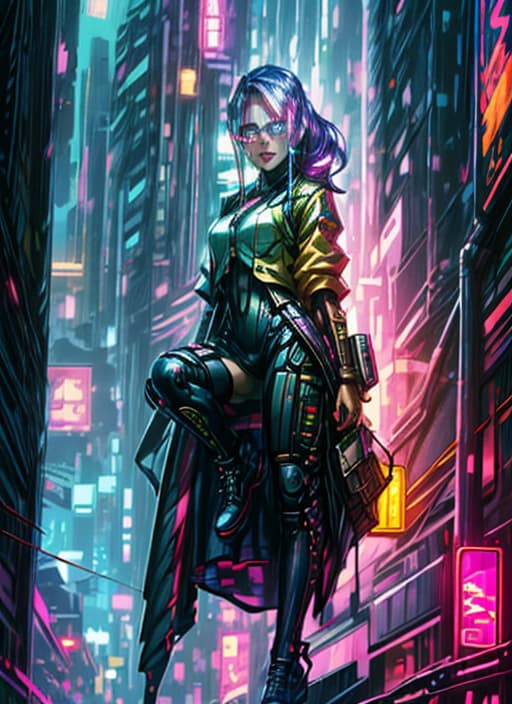  (Cyberpunk style), (((very detailed))), (((detailed face))), ((detailed eyes)), ((((real eyes)))), ((((highest quality)))), (((very realistic))), (((correct gender))), authentic cyberpunk appearance, 8k, ((neon)), ((glasses)), (4k resolution), (cyberpunk city),