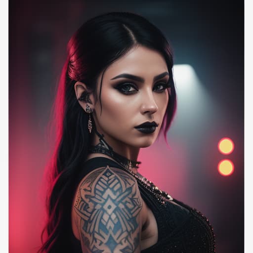  solo woman, beautifully detailed tattooed and body piercings on solo woman, uniquely recognized hairstyle, realistically detailed body, realistically detailed hair, realistically detailed face, realistically detailed eyes, thug / gothic style clothing, artistically drawn background, artistically drawn tattoos, ultra detailed, hyper focus, unreal engine, masterpiece, high rez, full body, background rave / nightclub, theme tattoos, major detailed scenery, tough thug expression on face, nordic and viking themed tattoos, , hyperrealistic, high quality, highly detailed, cinematic lighting, intricate, sharp focus, f/1. 8, 85mm, (centered image composition), (professionally color graded), ((bright soft diffused light)), volumetric fog, trending on