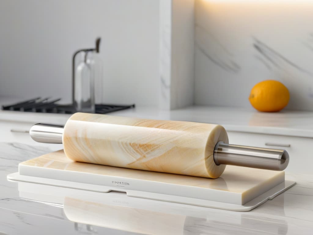  An ultradetailed 8k image of a sleek, modern kitchen countertop with a beautifully crafted marble rolling pin elegantly displayed on a polished stainless steel holder. The marble rolling pin is catching the light, showcasing its smooth texture and intricate veining, while the stainless steel holder adds a touch of contemporary elegance to the scene. The background is softly blurred to keep the focus on the luxurious contrast between the marble and stainless steel, creating a visually striking and minimalist composition that embodies sophistication and functionality. hyperrealistic, full body, detailed clothing, highly detailed, cinematic lighting, stunningly beautiful, intricate, sharp focus, f/1. 8, 85mm, (centered image composition), (professionally color graded), ((bright soft diffused light)), volumetric fog, trending on instagram, trending on tumblr, HDR 4K, 8K