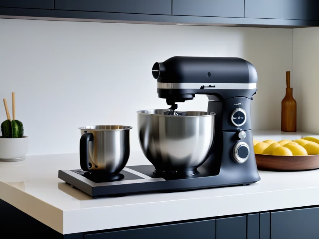  An ultradetailed image of a sleek, modern kitchen countertop showcasing a highend stand mixer and a sophisticated hand mixer side by side. The stand mixer is in a matte black finish with chrome accents, displaying its various attachments and a digital control panel. The hand mixer is in a luxurious metallic silver with ergonomic design features and a compact storage case for accessories. The lighting is soft, highlighting the premium quality and craftsmanship of both appliances, creating a visually appealing and aspirational kitchen scene. hyperrealistic, full body, detailed clothing, highly detailed, cinematic lighting, stunningly beautiful, intricate, sharp focus, f/1. 8, 85mm, (centered image composition), (professionally color graded), ((bright soft diffused light)), volumetric fog, trending on instagram, trending on tumblr, HDR 4K, 8K