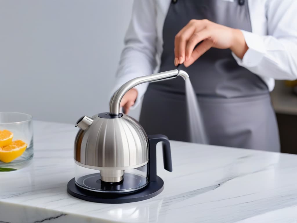  An ultradetailed closeup image of a sleek, modern siphon for pastry, captured from a slightly angled top view to showcase its intricate design details and polished metallic surface. The siphon is resting on a clean, white marble countertop, with soft, natural light illuminating the kitchen tool, highlighting its elegant simplicity and professional craftsmanship. hyperrealistic, full body, detailed clothing, highly detailed, cinematic lighting, stunningly beautiful, intricate, sharp focus, f/1. 8, 85mm, (centered image composition), (professionally color graded), ((bright soft diffused light)), volumetric fog, trending on instagram, trending on tumblr, HDR 4K, 8K