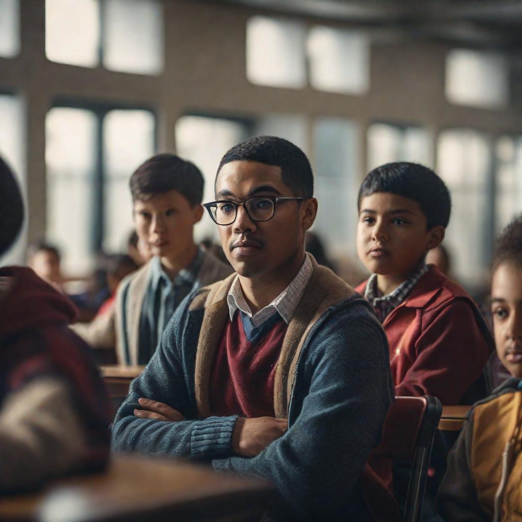  person with intellectual disability in school with other children hyperrealistic, full body, detailed clothing, highly detailed, cinematic lighting, stunningly beautiful, intricate, sharp focus, f/1. 8, 85mm, (centered image composition), (professionally color graded), ((bright soft diffused light)), volumetric fog, trending on instagram, trending on tumblr, HDR 4K, 8K