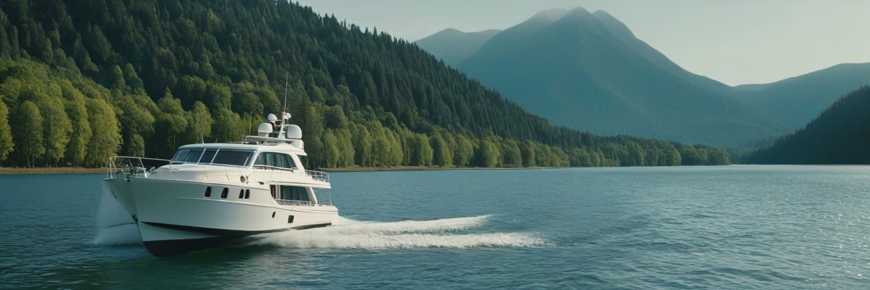  cinematic film still on the right is a beautiful modern white boat, on the left is water, in the background there is a forest and small mountains . shallow depth of field, vignette, highly detailed, high budget, bokeh, cinemascope, moody, epic, gorgeous, film grain, grainy hyperrealistic, full body, detailed clothing, highly detailed, cinematic lighting, stunningly beautiful, intricate, sharp focus, f/1. 8, 85mm, (centered image composition), (professionally color graded), ((bright soft diffused light)), volumetric fog, trending on instagram, trending on tumblr, HDR 4K, 8K