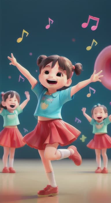  {Children singing and dancing with wide smiles and musical notes floating around them., Kids joyfully dancing and singing, showing their energy and happiness.