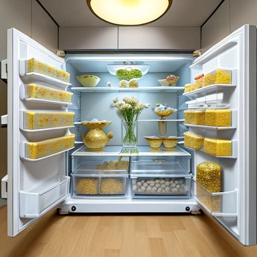  The picture shows the finished lotus seed glutinous rice cake sprinkled with golden osmanthus flowers. The glutinous rice cake is placed in a transparent glass bowl, which is placed in the refrigerator. The refrigerator door is half open, and the lights and fog in the refrigerator can be seen.