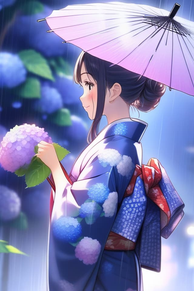  Girls, yukata, hydrangea, bright, gentle, rain, profile, Japanese umbrella