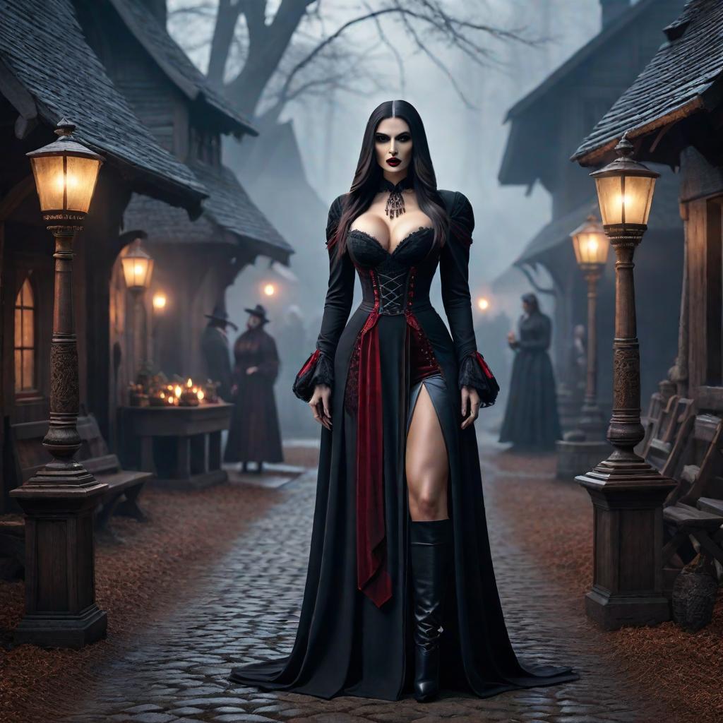  vampire village hyperrealistic, full body, detailed clothing, highly detailed, cinematic lighting, stunningly beautiful, intricate, sharp focus, f/1. 8, 85mm, (centered image composition), (professionally color graded), ((bright soft diffused light)), volumetric fog, trending on instagram, trending on tumblr, HDR 4K, 8K