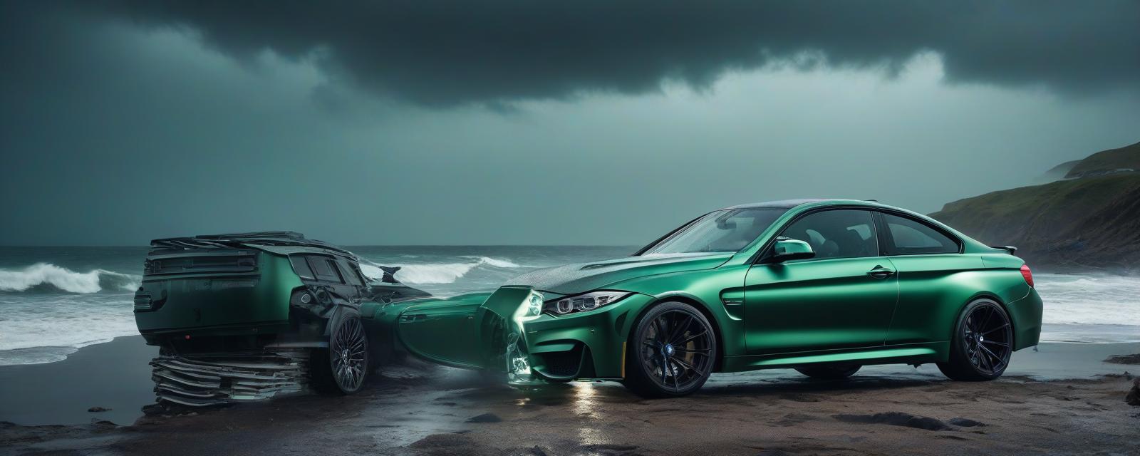  biomechanical cyberpunk BMW M4 dark green by the ocean during a storm . cybernetics, human machine fusion, dystopian, organic meets artificial, dark, intricate, highly detailed hyperrealistic, full body, detailed clothing, highly detailed, cinematic lighting, stunningly beautiful, intricate, sharp focus, f/1. 8, 85mm, (centered image composition), (professionally color graded), ((bright soft diffused light)), volumetric fog, trending on instagram, trending on tumblr, HDR 4K, 8K