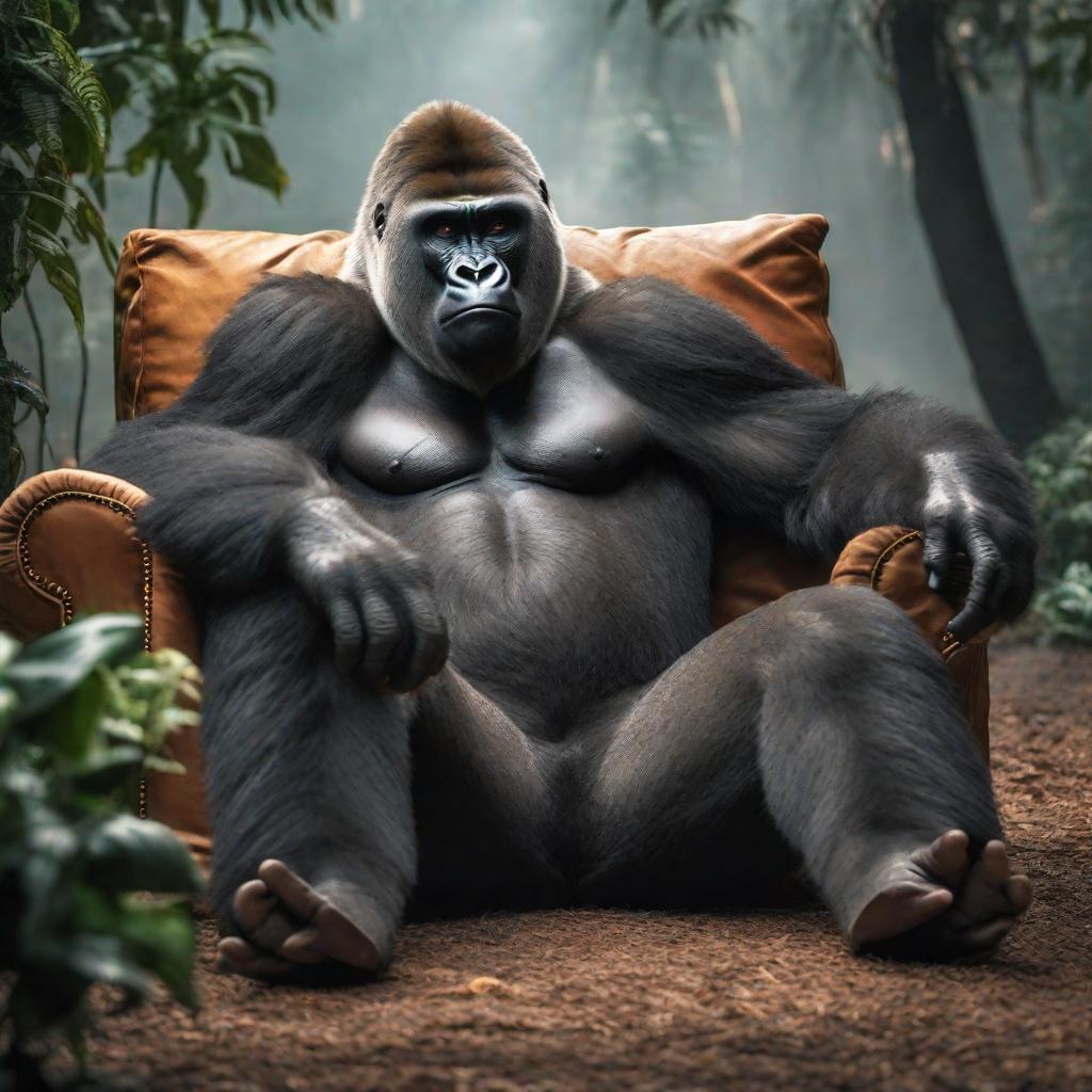  Gorilla as a sofa hyperrealistic, full body, detailed clothing, highly detailed, cinematic lighting, stunningly beautiful, intricate, sharp focus, f/1. 8, 85mm, (centered image composition), (professionally color graded), ((bright soft diffused light)), volumetric fog, trending on instagram, trending on tumblr, HDR 4K, 8K