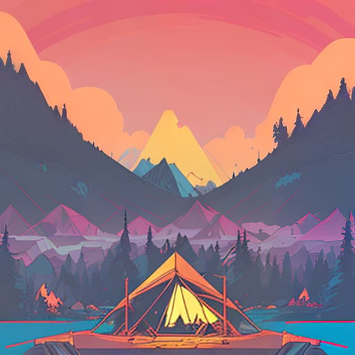 nvinkpunk Whimsical mountains with trees, camping tent and campfire