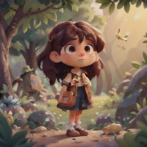  "Generate an image of a curious girl named Lina carefully examining a mysterious stone. Her eyes are filled with curiosity and she gently touches the stone with her fingertips. The background setting involves an apple tree fluttering in the spring wind and small flowers nearby swaying gently in the breeze.", best quality, very detailed, high resolution, sharp, sharp image, extremely detailed, 4k, 8k hyperrealistic, full body, detailed clothing, highly detailed, cinematic lighting, stunningly beautiful, intricate, sharp focus, f/1. 8, 85mm, (centered image composition), (professionally color graded), ((bright soft diffused light)), volumetric fog, trending on instagram, trending on tumblr, HDR 4K, 8K