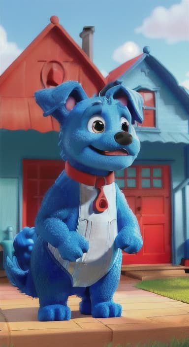  {Max the big blue dog standing in front of a cozy little house with a red door, The big blue dog is large with sky blue fur, big round eyes, a black nose, and floppy ears.