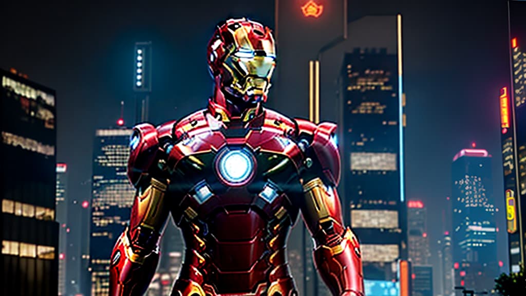  masterpiece, best quality, masterpiece, 8k resolution, realistic, highly detailed, Iron Man close-up. He stands on a street lined with tall buildings in a cyberpunk style city at night. The city's night lights are bright, and the surrounding buildings and streets are full of cyberpunk elements such as neon lights, high-tech equipment and futuristic architectural design.