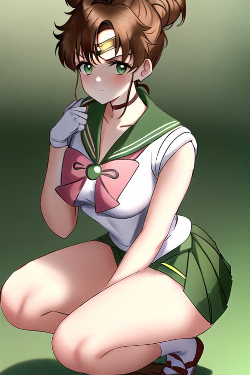  with her hair up. wearing a short skirt and tight shirt. squatting,(sailor jupiter:1.3), (masterpiece), (highest quality), (intricate), (high detail),Stylish women, hot, cinematic lightning, medium shot, masterpiece, best quality, high quality, solo