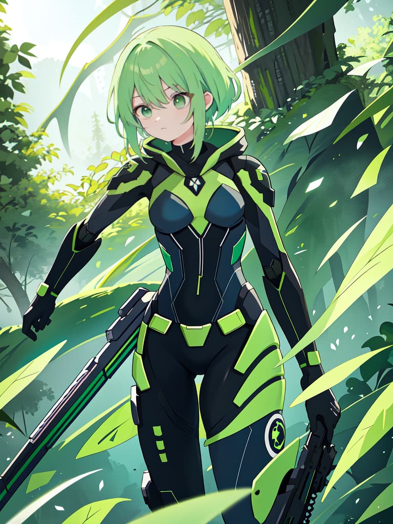  Green hair character sneaking suit, masterpiece, best quality,8k,ultra detailed,high resolution,an extremely delicate and beautiful,hyper detail