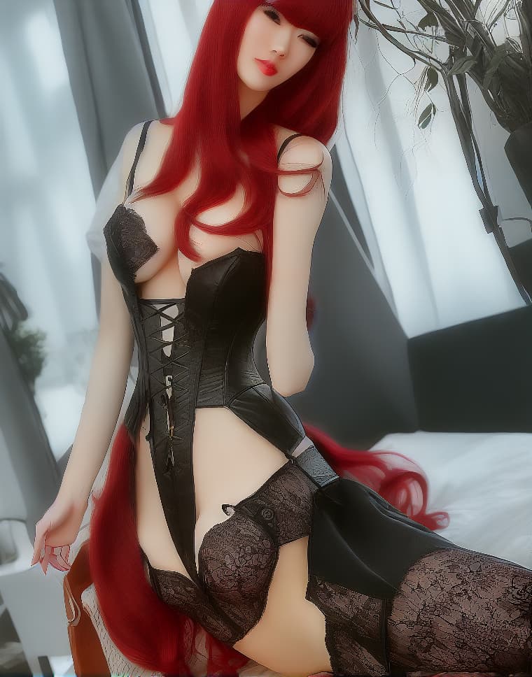  tall woman, anime style, black bangs hair, red corset,stockings, heels,full body, hyperrealistic, full body, detailed clothing, highly detailed, cinematic lighting, stunningly beautiful, intricate, sharp focus, f/1. 8, 85mm, (centered image composition), (professionally color graded), ((bright soft diffused light)), volumetric fog, trending on instagram, trending on tumblr, HDR 4K, 8K