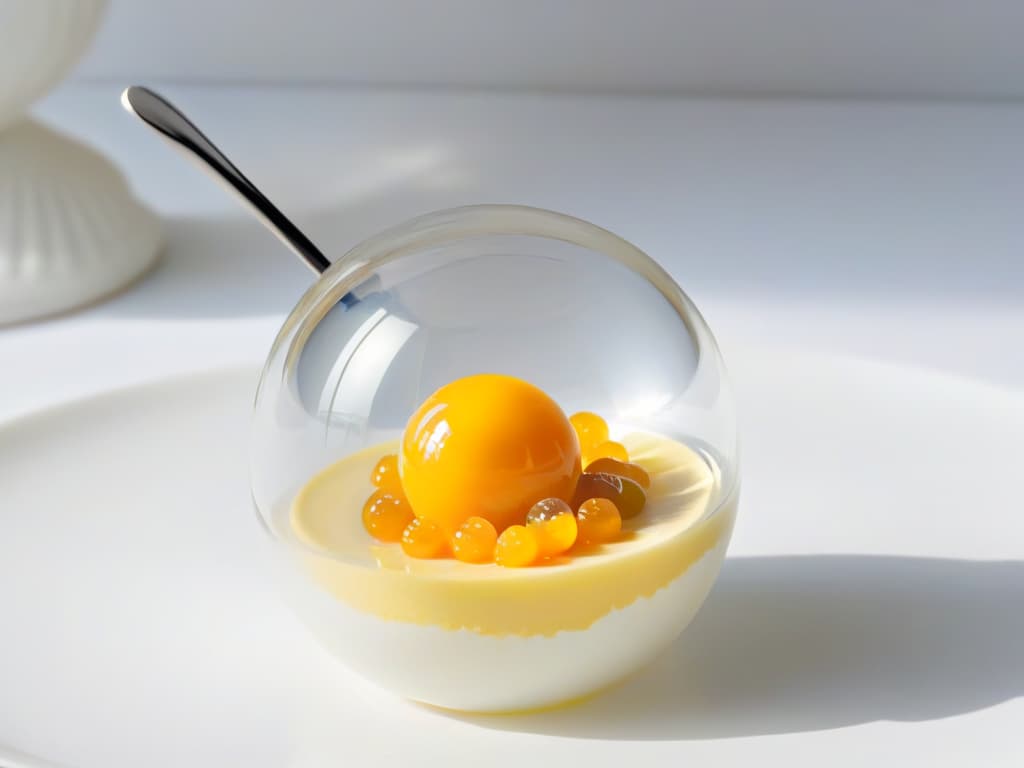  A closeup, highresolution image of a perfectly spherical mango caviar encapsulated in a clear, glossy gelatinous sphere, resting delicately on a pristine white porcelain dessert spoon. The vibrant yellow hue of the mango caviar contrasts beautifully with the transparent sphere, showcasing the meticulous technique of spherification in a visually striking yet minimalistic composition. hyperrealistic, full body, detailed clothing, highly detailed, cinematic lighting, stunningly beautiful, intricate, sharp focus, f/1. 8, 85mm, (centered image composition), (professionally color graded), ((bright soft diffused light)), volumetric fog, trending on instagram, trending on tumblr, HDR 4K, 8K